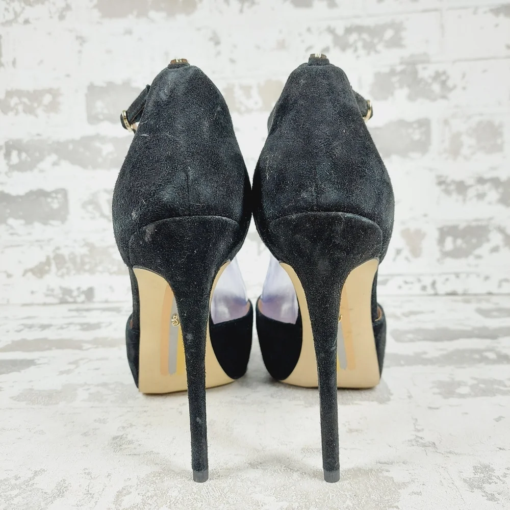 NEW Sam Edelman Florencia Black Suede Leather Buckle Peep Toe Heels A33